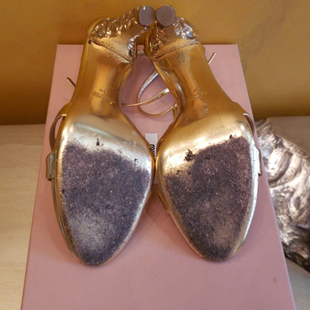 Miu Miu Metallic Gold Sandal with Jeweled Heel - Picture 4 of 7